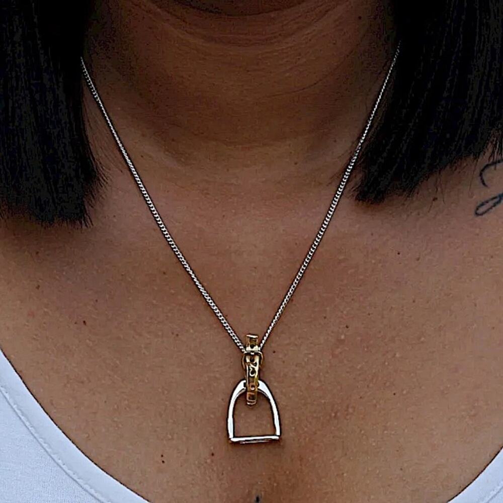 Sterling Silver Stirrup Necklace Two Tone Gold Buckle Equestrian Jewelry